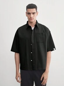 AKNOTIC Business Casual 棉质男士宽松休闲编织短袖衬衫，适合夏季日常穿着 - 黑色 - 查看 1