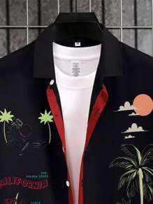 Manfinity Homme 男士彩色印花纽扣短袖衬衫 - 黑色 - 查看 4