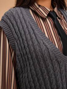 Forever 21 大码女式秋冬 V 领宽松休闲针织麻花毛衣背心 - 深灰色 - 查看 11