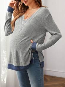 SHEIN Gravid stickad V-hals för gravida, rynkad långärmad T-shirt-tröja med blommönster - Grå - Visa 1