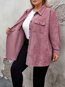 SHEIN CURVE+ 加大码前口袋灯芯绒衬衫，秋季女装 - 藕粉色 - 查看 7