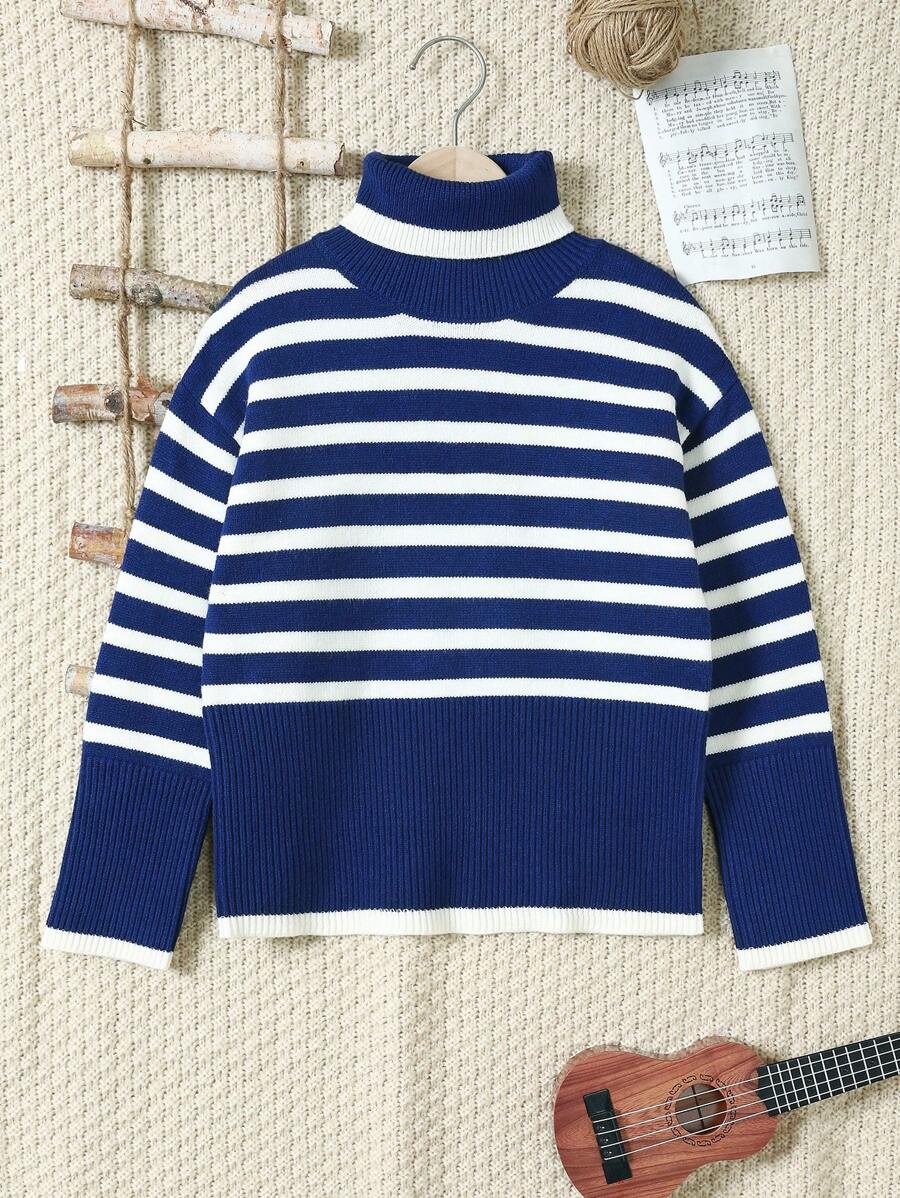 Tween Boys' High Neck Striped Drop Shoulder Loose Knit Sweater For Fall/Winter, Suitable For Travel, Gatherings And Casual Outings - Navy Blue - View 1