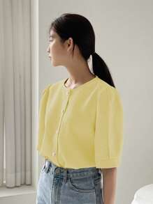 DAZY Women's Round Neck Button Up Half Sleeve Fashion Loose Comfy Soft Yellow Blouse