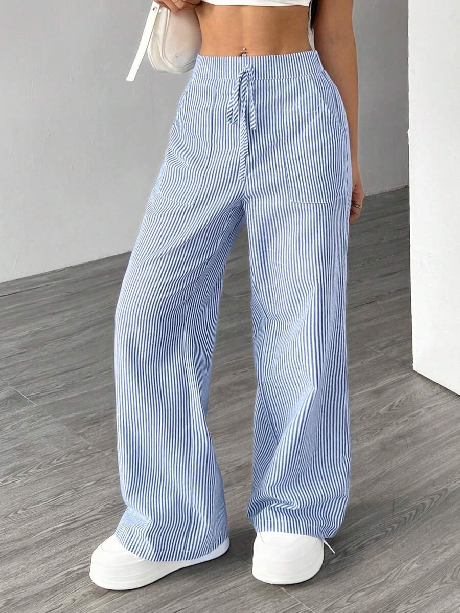 SHEIN Unity 女士宽松系腰阔腿休闲条纹蓝白裤 - 藍白色 - 查看 1