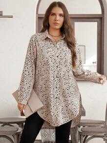 SHEIN LUNE 冬季服装加大码纯色花卉纽扣圆下摆衬衫 - 彩色 - 查看 4