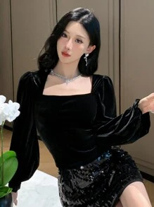DAZY 女士纯色丝绒方领衬衫，秋季保暖内衬奢华长袖亮片新年嘉年华女装 - 黑色 - 查看 6
