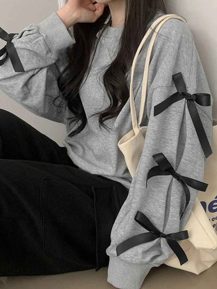 DAZY 女士春秋季休闲蝴蝶结设计卫衣，长袖上衣，返校服装 - 灰色 - 查看 1