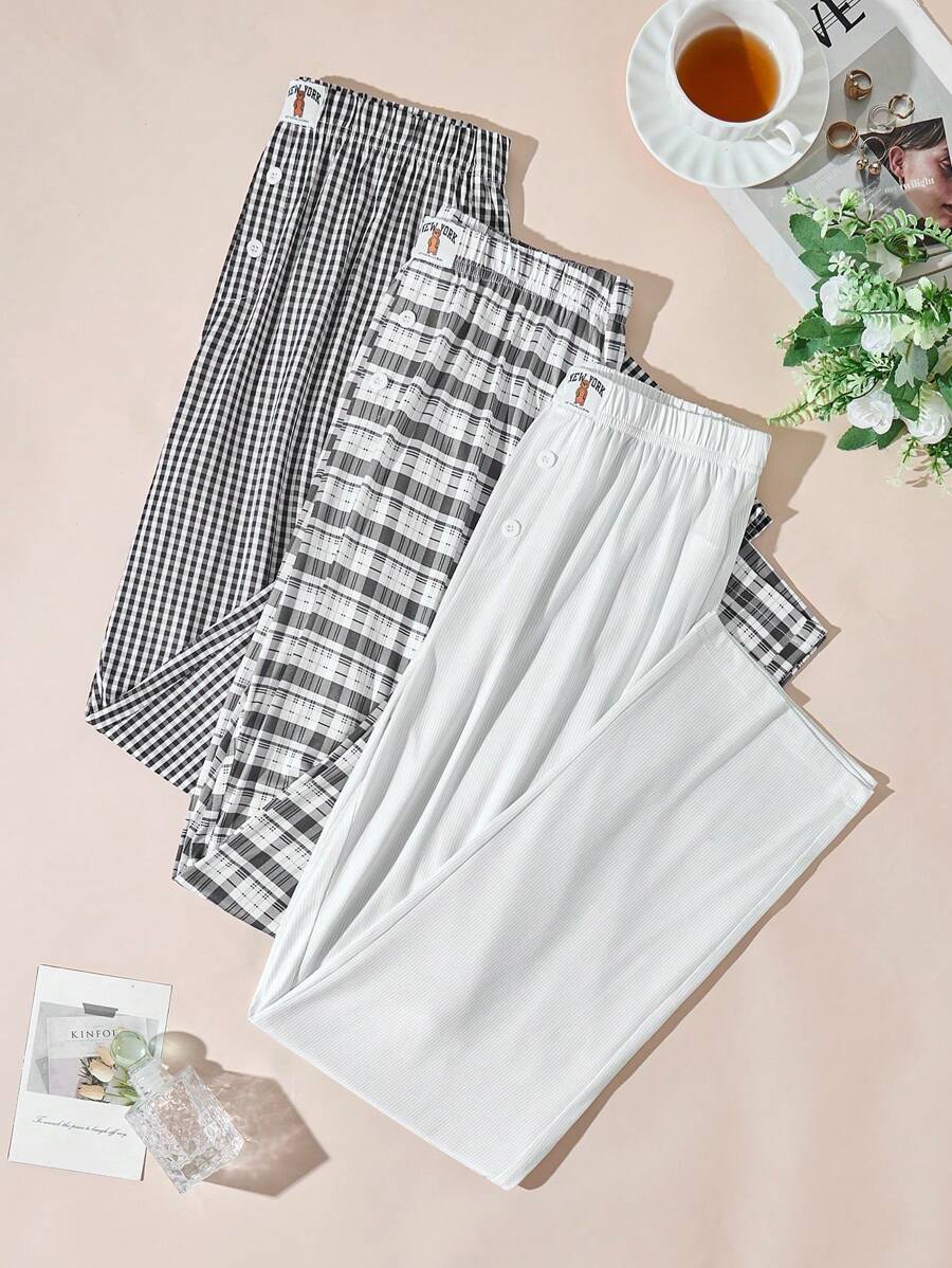 3件套女士简约前扣休闲睡裤 - 彩色 - 查看 1