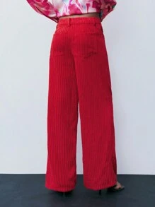 Maija Women's Solid Color Pocketed Casual Straight Leg Pants - Red - View 2