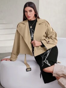SHEIN Privé Fashionable Casual Box Design Short Trench Coat With Waistbelt Fall Cloth For Women - Khaki - View 1