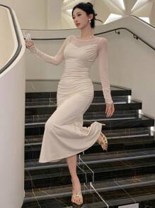 DAZY Váy dạ hội có miếng vá xếp nếp và viền đuôi cá dành cho nữ, váy dạ hội sinh nhật - Màu be - Xem 3