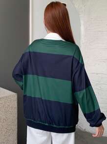 DAZY 女士宽松条纹字母提花 Polo 领长袖运动衫 - 綠色 - 查看 2