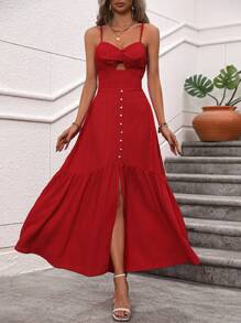 Breezaya Solid Color Backless Knotted High Slit Cami Dress - Red - View 4
