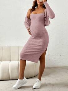SHEIN 2pcs Maternity Casual Solid Color Side Slit Strap Dress And Long Sleeve Top Set, Spring Autumn - Dusty Pink - View 6