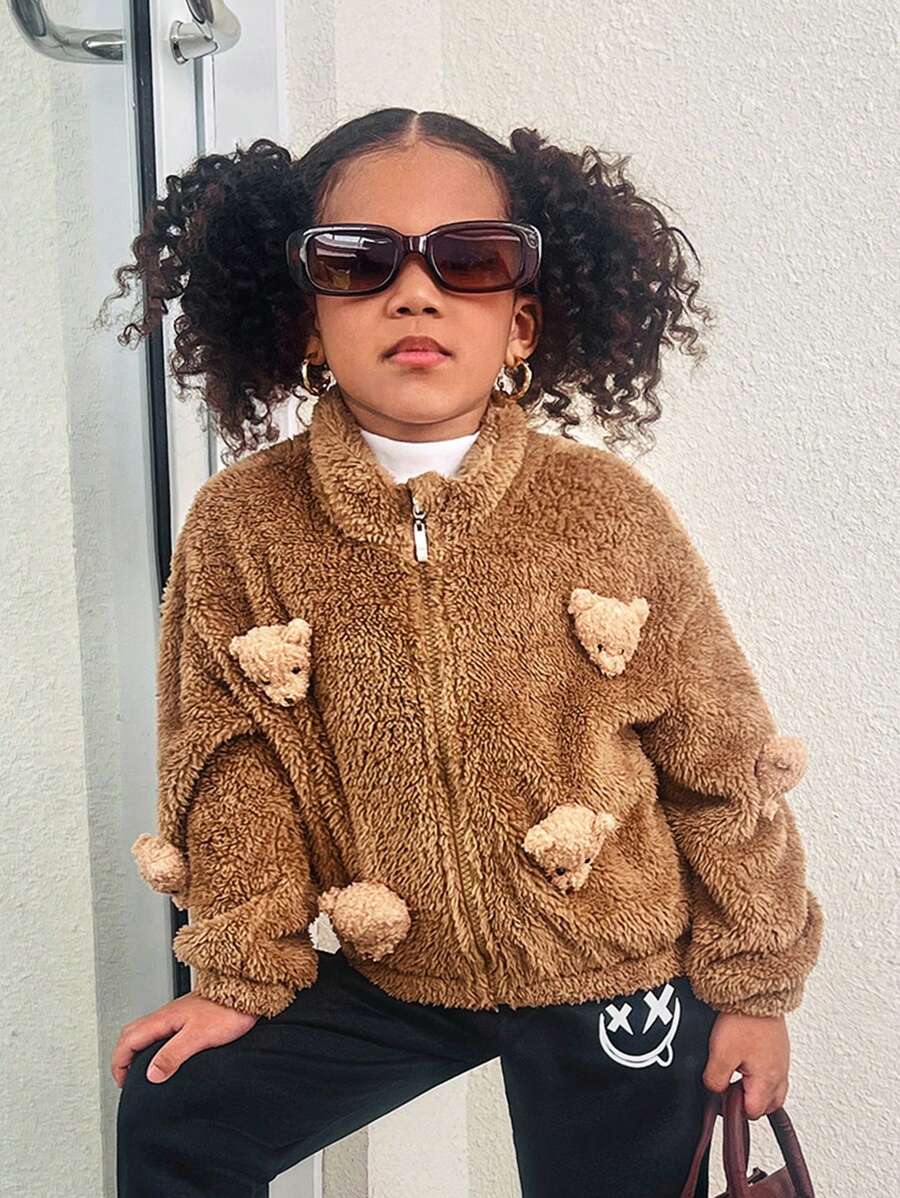 SHEIN Explorewe Chaqueta con cremallera y material suave para niñas jóvenes, diseño de oso marrón, cálida y cómoda para uso casual, al aire libre, uso diario y la escuela en invierno - Marrón - Ver 1