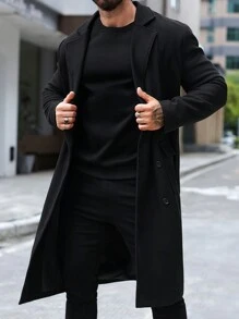 Manfinity Mode Áo khoác len dài tay hai hàng khuy màu trơn cho chồng, Áo khoác dài cho nam, Áo khoác dài màu đen cho nam, Áo khoác dài cho nam - màu đen - Xem 6