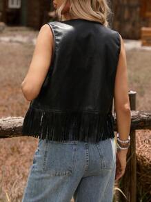 SHEIN VCAY Women's Solid Color Sleeveless Fringed Jacket,Fall Women Clothes - Black - View 2