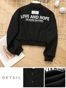 SHEIN Giubbotto da baseball semplice con stampa posteriore Casual morbido per ragazze Tween