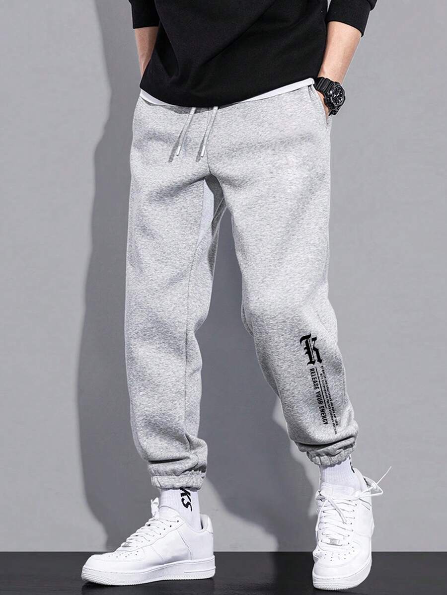 RueChic Cotton Men's Casual Style English Text Print Fitted Sweatpants - Light Grey - View 1