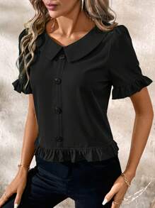 SHEIN Clasi Blusa negra elegante con cuello en V y dobladillo con volantes para mujer