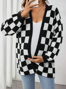 SHEIN Maternity Checkerboard Pattern Casual Knit Cardigan, Long Sleeve, For Winter - Black and White - View 3
