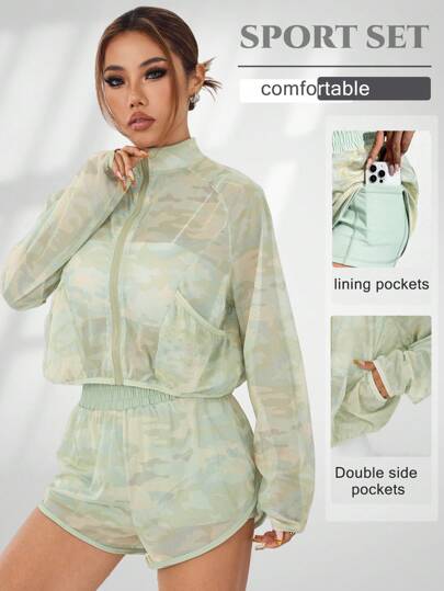 SHEIN Sovereign Charm 女士透明性感运动套装，迷彩扎染印花立领长袖夹克带口袋，高腰防闪光短裤，适合跑步、瑜伽、户外运动女士健身套装女士紧身裤套装