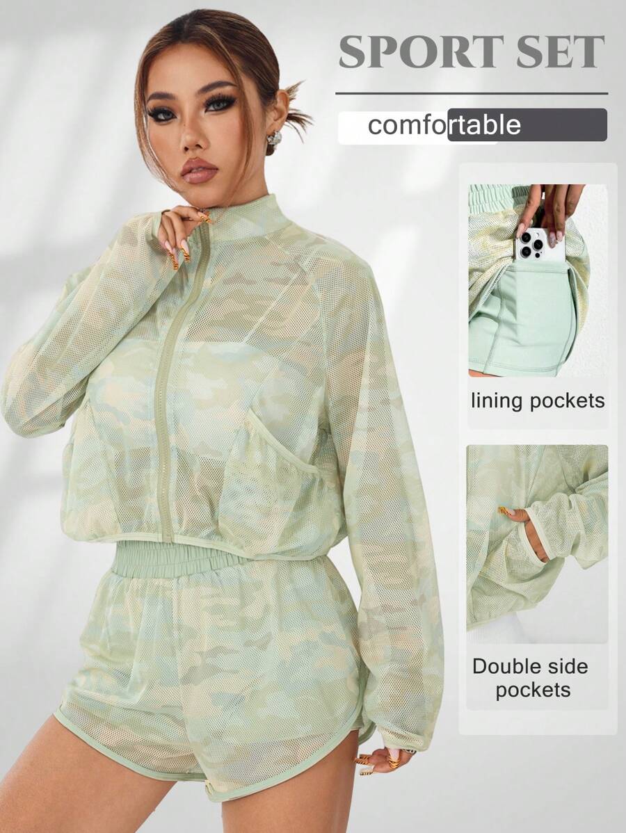 SHEIN Sovereign Charm 女士透明性感运动套装，迷彩扎染印花立领长袖夹克带口袋，高腰防闪光短裤，适合跑步、瑜伽、户外运动女士健身套装女士紧身裤套装