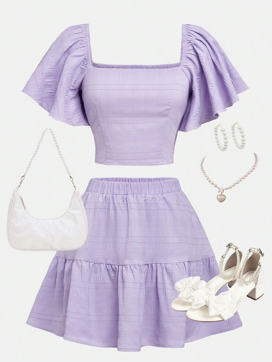 SHEIN Girlism 2 件装少女荷叶边袖上衣和 A 字下摆短裙休闲度假套装