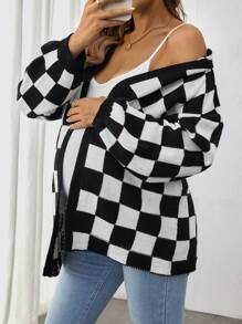 SHEIN Maternity Checkerboard Pattern Casual Knit Cardigan, Long Sleeve, For Winter - Black and White - View 1