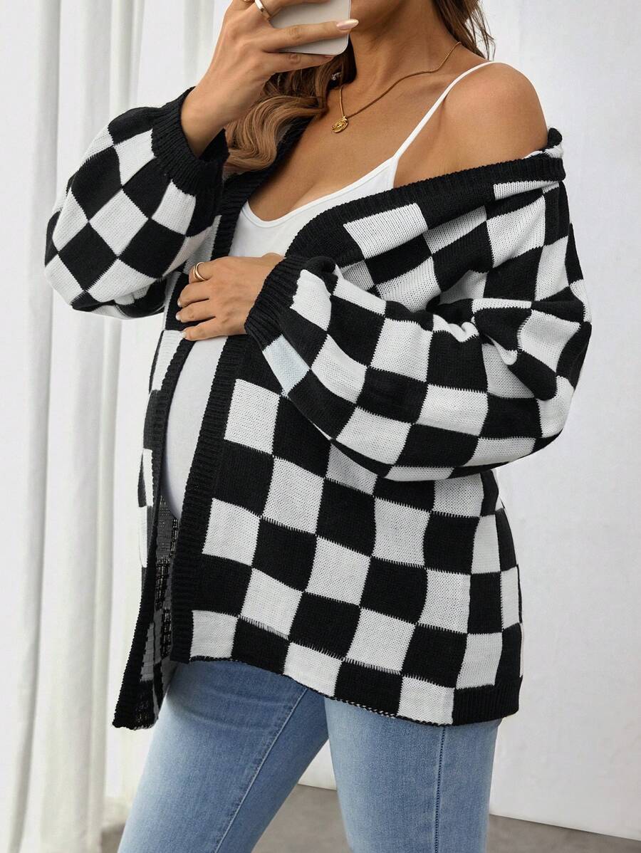 SHEIN Maternity Checkerboard Pattern Casual Knit Cardigan, Long Sleeve, For Winter - Black and White - View 1