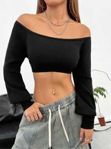 SHEIN Unity Women Off-Shoulder Solid Color Simple Daily Cropped Long Sleeve Sweater, Knit Pullover Fall Winter - Black - View 5