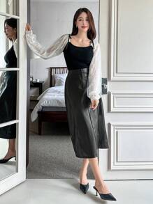 DAZY Women's Elegant Solid Color PU Skirt, Fashionable Street Style,Pencil Skirt