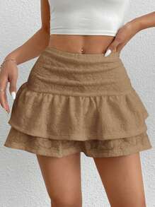 SHEIN PETITE Women's Ruffle Trim Asymmetrical Hem Skirt With Pleats - Khaki - View 1
