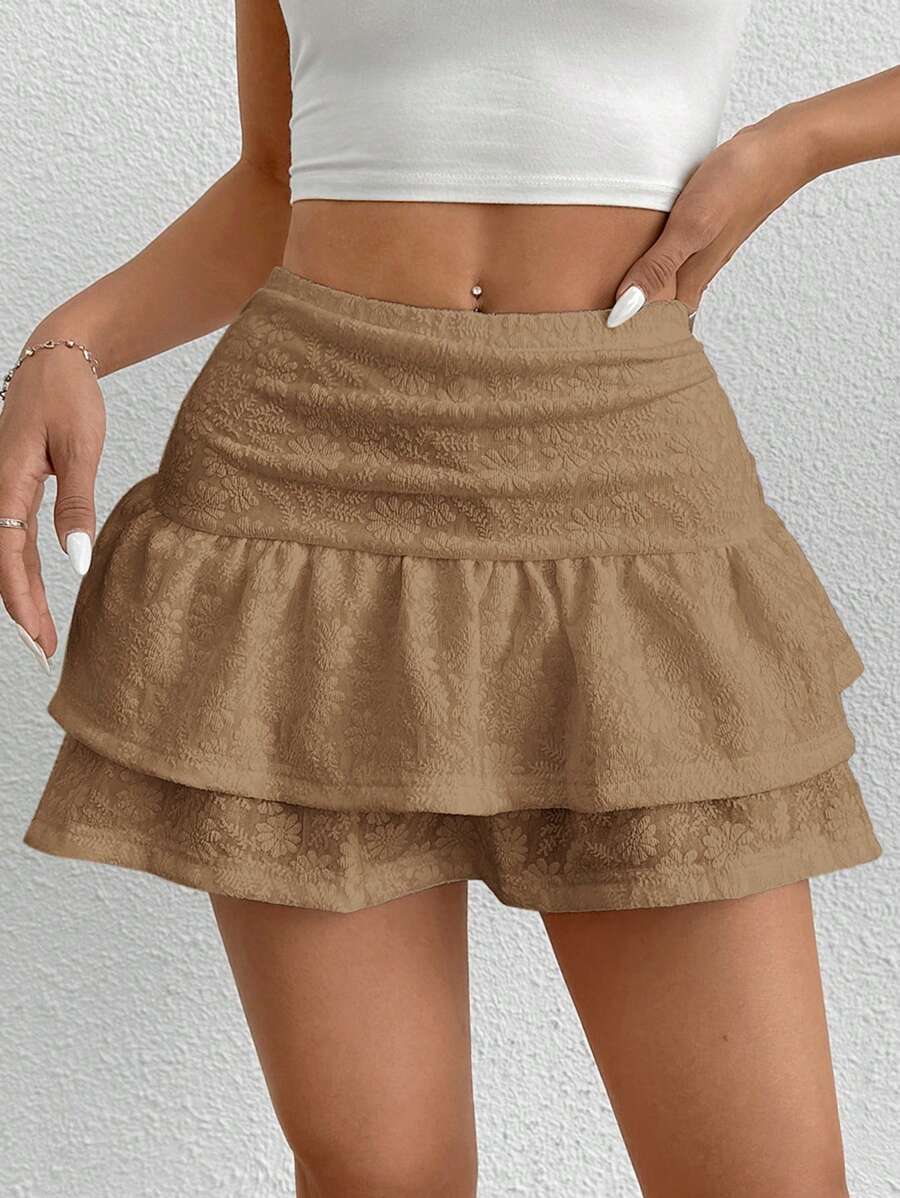 SHEIN PETITE Women's Ruffle Trim Asymmetrical Hem Skirt With Pleats - Khaki - View 1