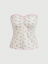 Kawaii Women's Fresh & Sexy Lace Hem Floral Strapless Crop Top With Bowknot Detailing And Ruched Elastic, Perfect For Vacation, School