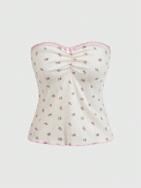 ROMWE Kawaii Parte superior corta con estampado floral, detalle de lazo y elástico fruncido, con dobladillo de encaje, fresca y sexy, perfecto para vacaciones, escuela.