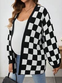 SHEIN Maternity Checkerboard Pattern Casual Knit Cardigan, Long Sleeve, For Winter - Black and White - View 4