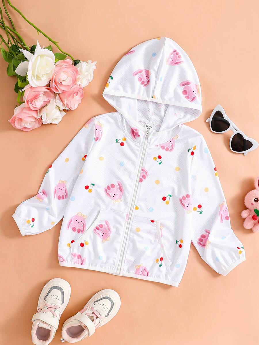 Young Girls Rabbit Print Hooded Long Sleeve Jacket - White - View 1