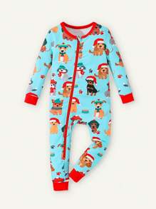 Baby Boy Cute Christmas Dog All Over Print Long Sleeve Zipper Front Snug Fit Pajama Jumpsuit - Multicolor - View 6