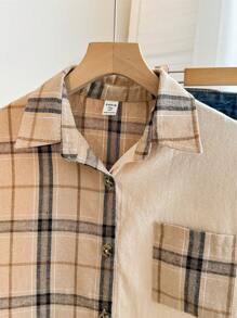 SHEIN Teen Girls Plaid Patchwork Colorblock Preppy Style Lightweight Jacket, Autumn Winter - Khaki - View 4