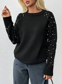 SHEIN Cottnline كنزة نسائية سوداء بياقة مستديرة مع أكمام مزينة باللؤلؤ - الأسود - مشاهدة 6