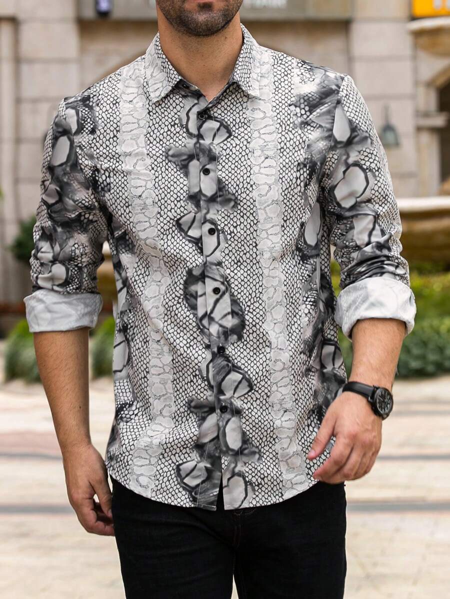 Manfinity Homme 男式纽扣长袖修身印花休闲衬衫 - 灰色 - 查看 1