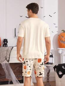 Casual Men's Pumpkin Print Crewneck Short Sleeve T-Shirt And Shorts Sleepwear Set, Halloween - Apricot - View 3