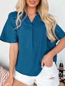 INAWLY Plus Size Solid Color V-Neck Casual Short Sleeve Shirt For Summer - Navy Blue - View 3