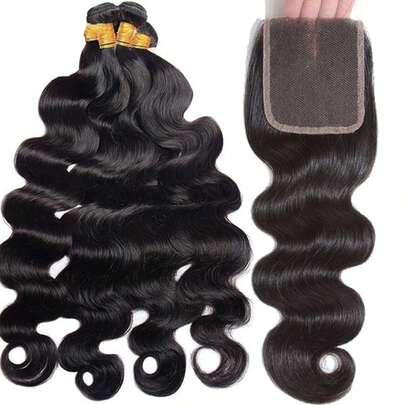 4入組小波浪帶4*4蕾絲閉合人類頭髮未加工未經修飾頭髮編織