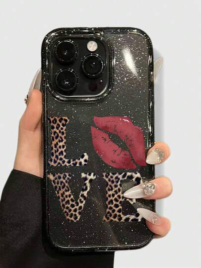 Grunge Punk 1pc Leopard Print Love Pattern Glitter Transparent Phone Case Compatible With Apple