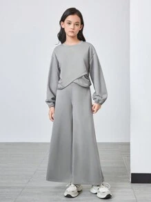 2pcs/Set Tween Girl Casual Criss-Cross Hem Long Sleeve T-Shirt And Loose Pants Outfit, School Style - Multicolor - View 7
