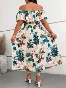 SHEIN VCAY 大码热带印花露肩开衩阔腿连体裤 - 彩色 - 查看 2