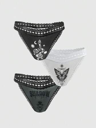 Goth 3 pezzi Set di Slip Gotici in Pizzo Floreale con Farfalle, Serpenti e Ragni Stampati con Colori Oscuri
