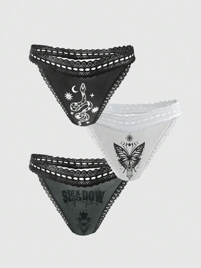 Ensemble de 3 pièces de string gothique en dentelle florale avec imprimé papillon, serpent et araignée de couleurs sombres